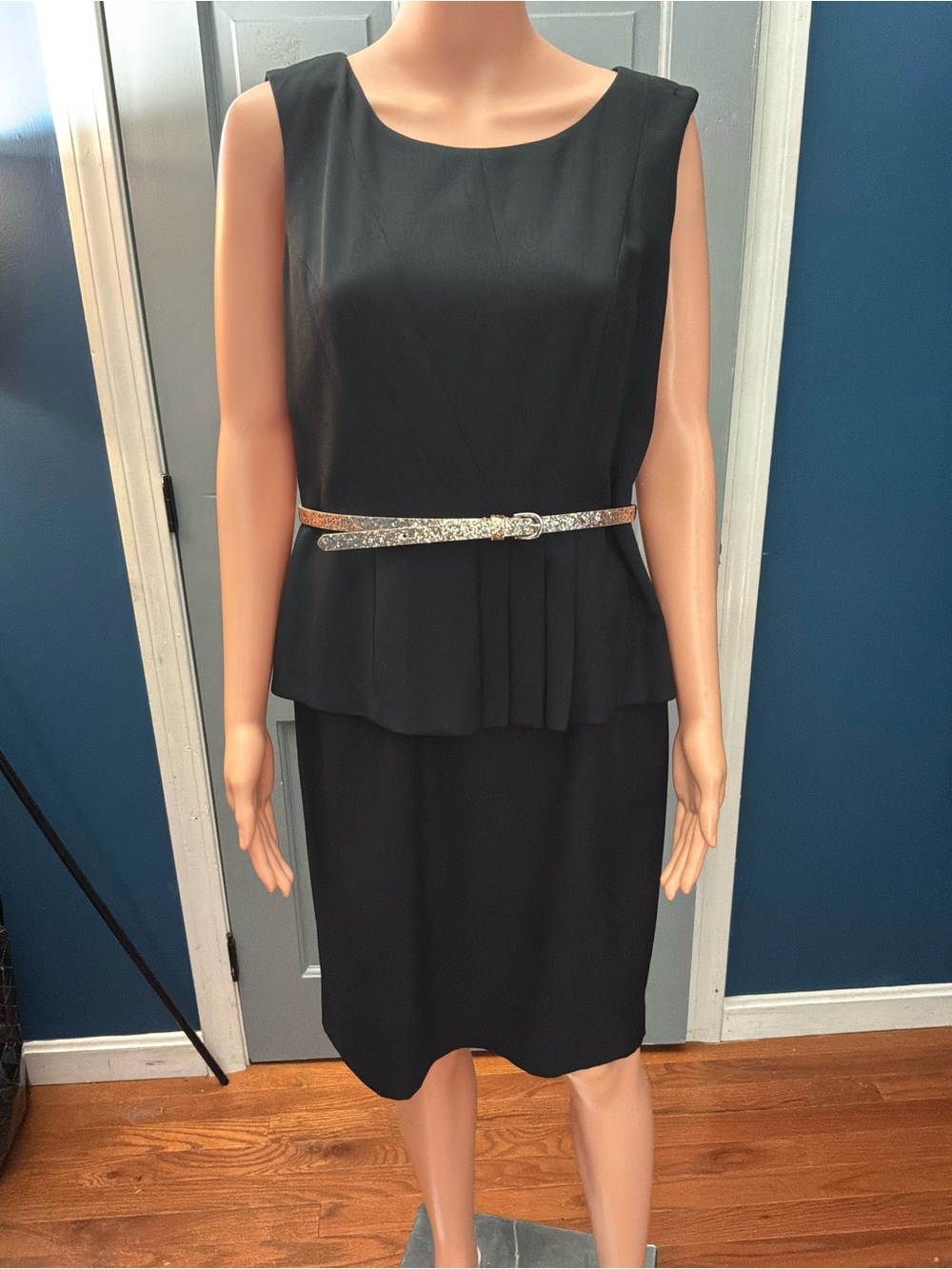 Ellen Tracy Black Sleeveless Peplum Dress with Metallic Belt